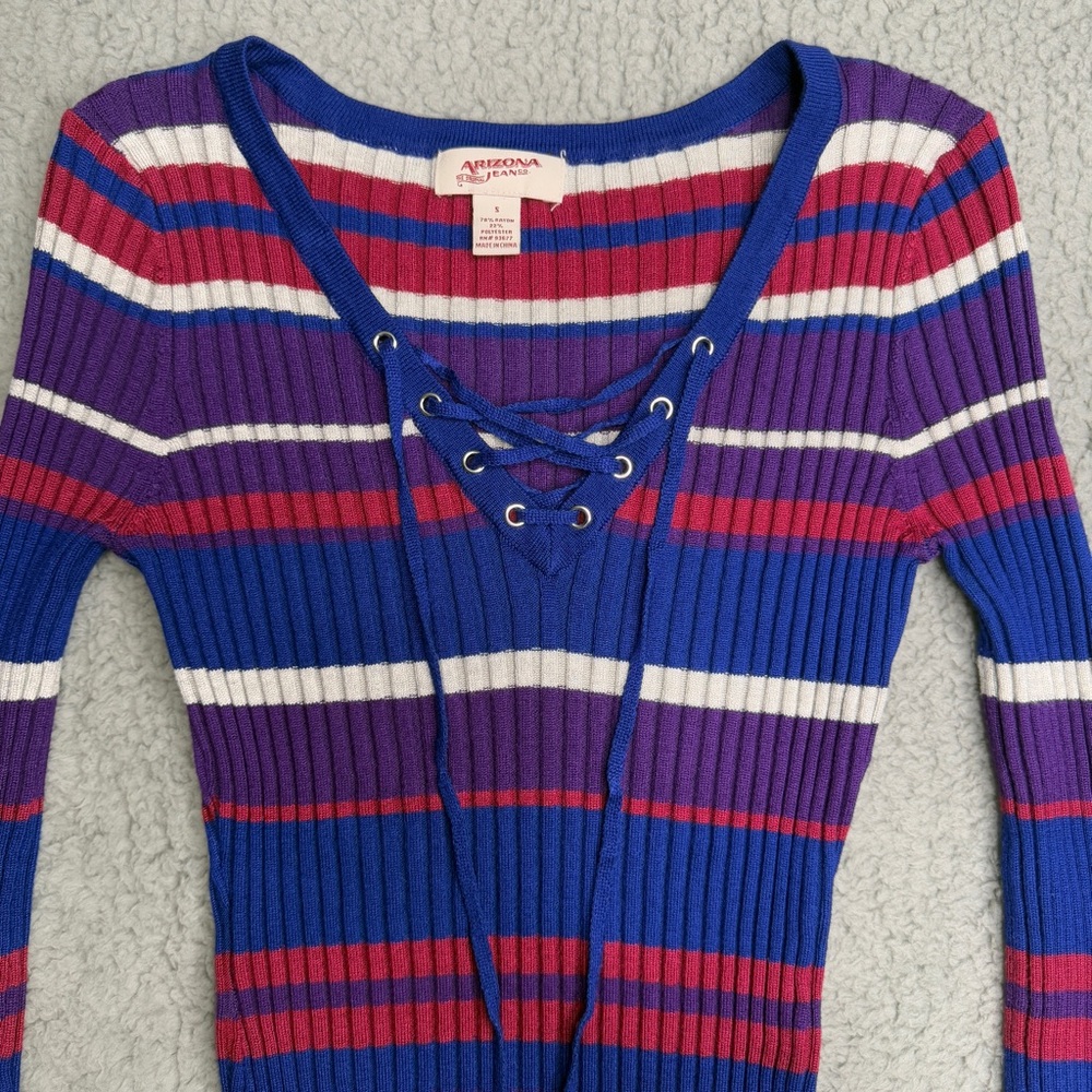 Arizona Jeans ribbed lace up striped sweater top blue purple white size S Y2K - Picture 4 of 8